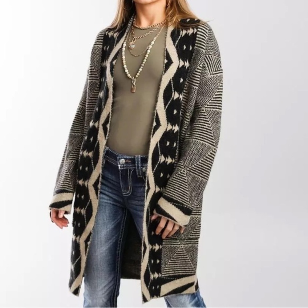 Buckle Black and Cream Geometric Cardigan